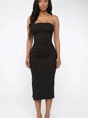 Strapless Black Ruched Midi Dress